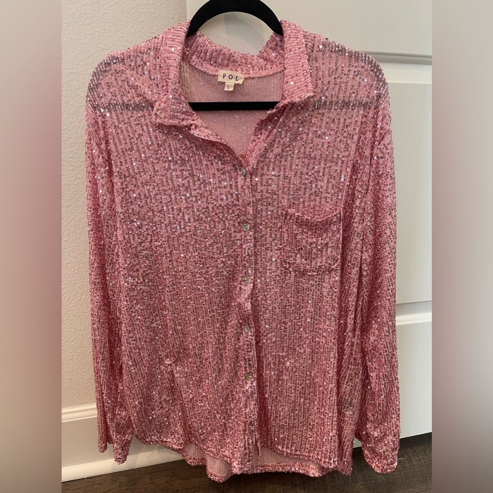 Pink sequin button down oversized boutique top